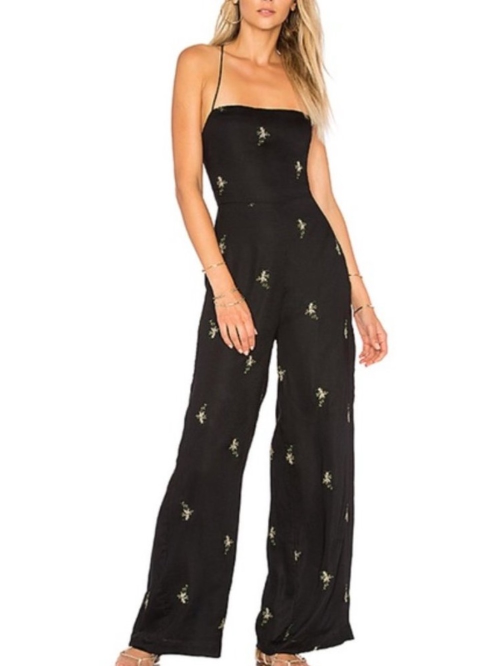 House of Harlow 1960 x Revolve Natalie Black Wide-Leg Jumpsuit Floral Embroidery - Picture 1 of 16